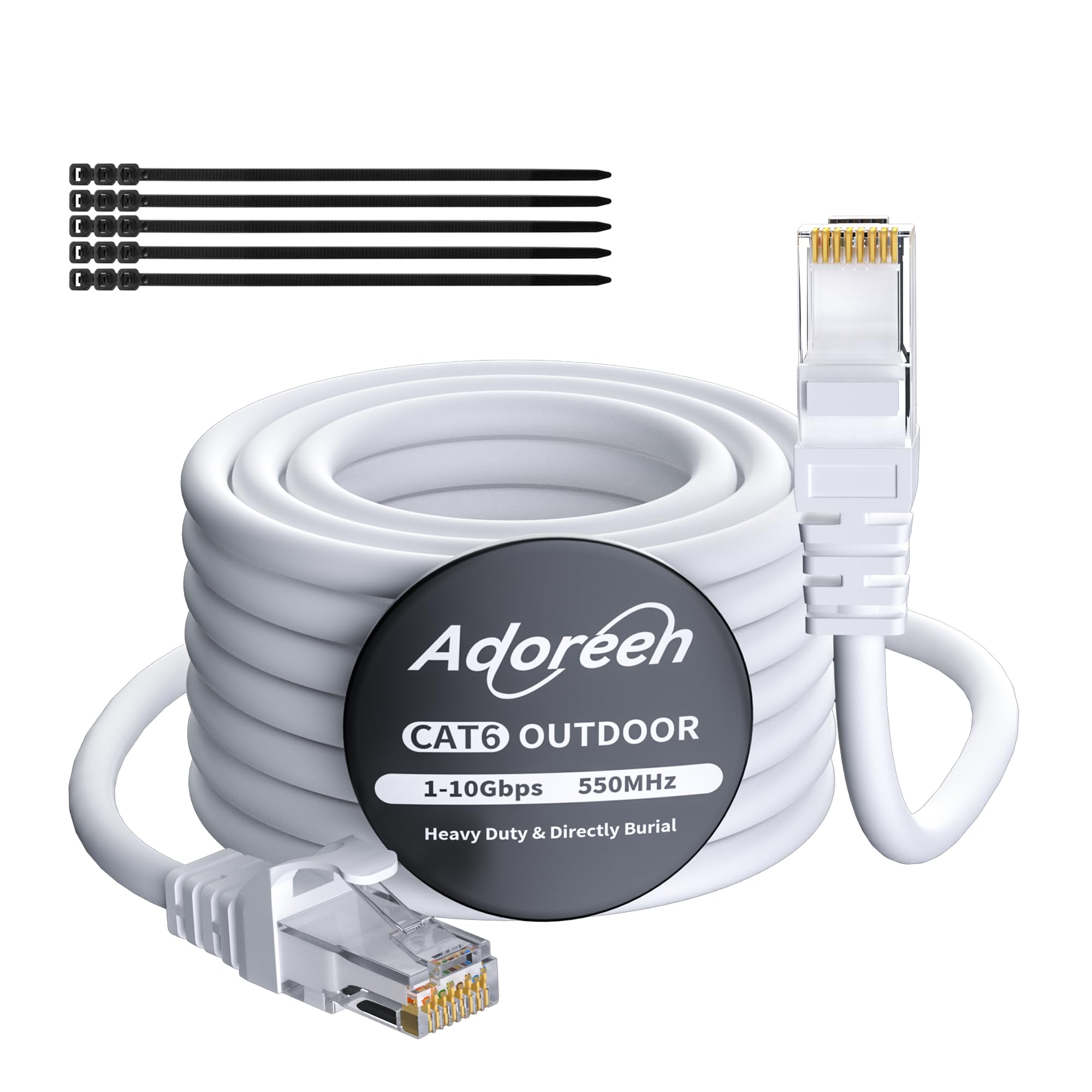 Adoreen Cat 6 Outdoor Ethernet Cable 30 Ft White, High Speed Heavy Duty Long Internet Network Cable for POE Camera Cat 5 5e RJ45 LAN Patch Cable Cord, Sturdy Waterproof Direct Burial+15 Ties