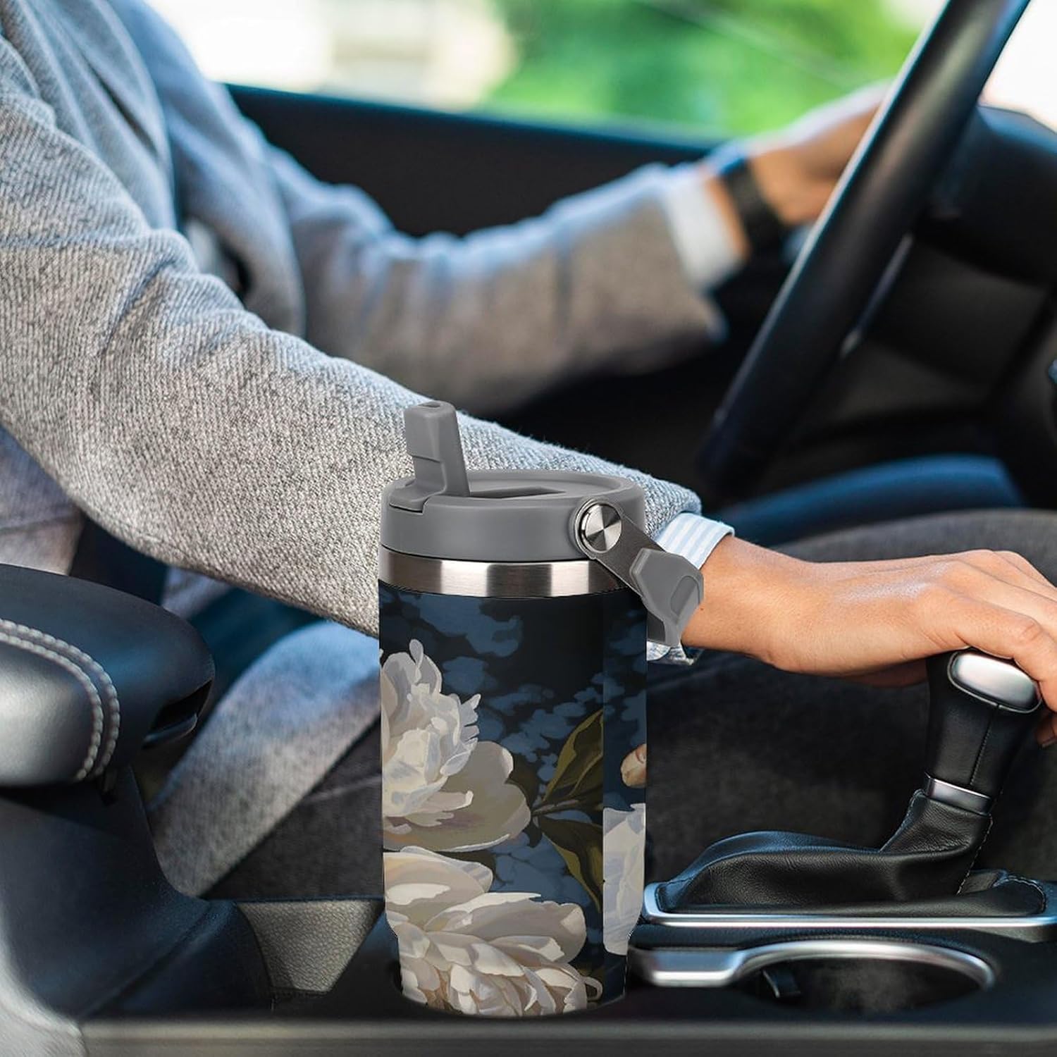 White Peony Water Bottle 30 Oz Fits Car Cup Holder,Insulated Coffee Mug Large Capacity Car Cups,Stainless Steel Double Wall Sport Bottle for Travel Sports Gym