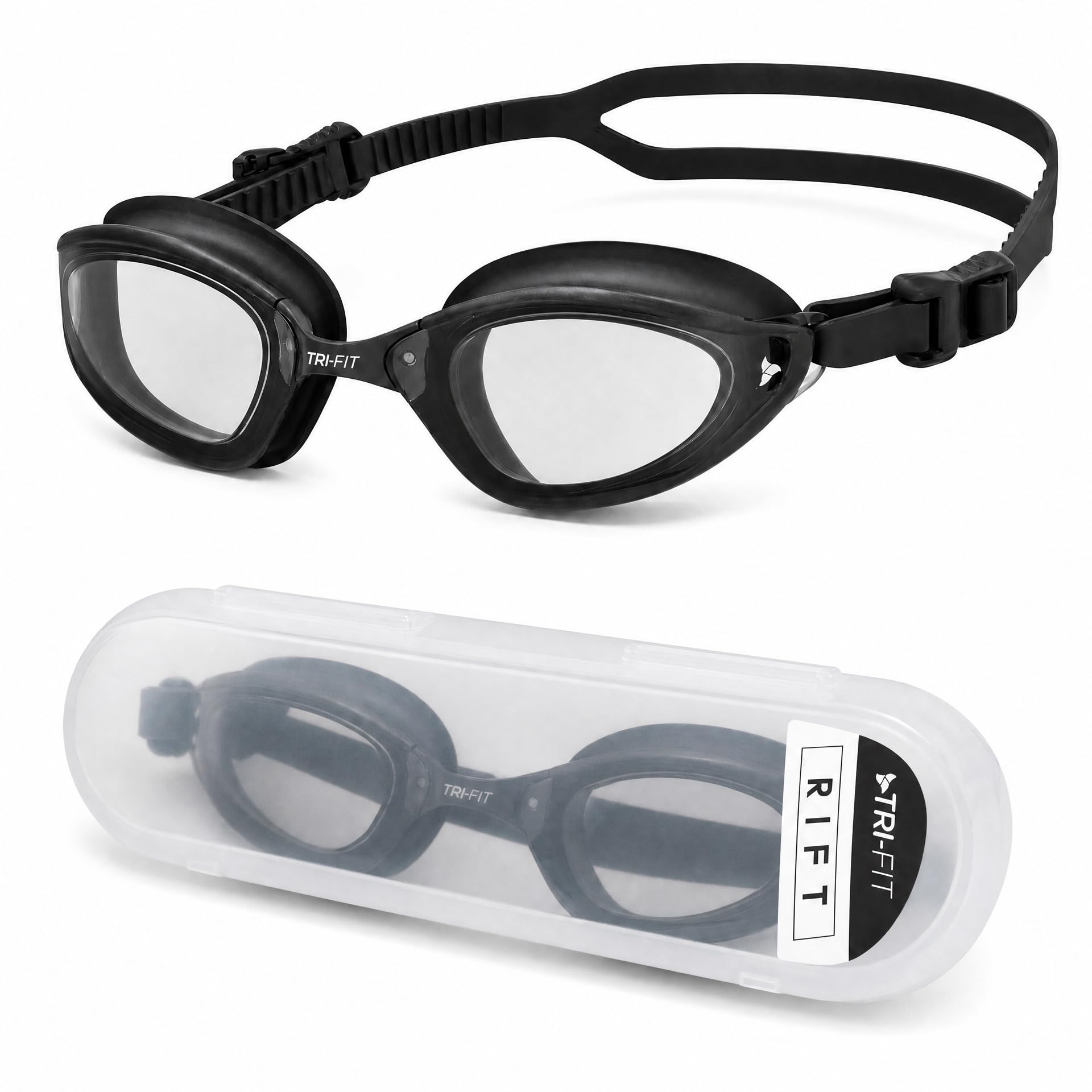 TRI-FIT Award Winning Adult Swimming Goggles | Advanced Anti Fog Treated Lenses | 100% UVA/UVB Protection | Custom 3D TPE gasket | TPE nose bridge | Designed For Men & Women (RIFT BLACK EDITION)
