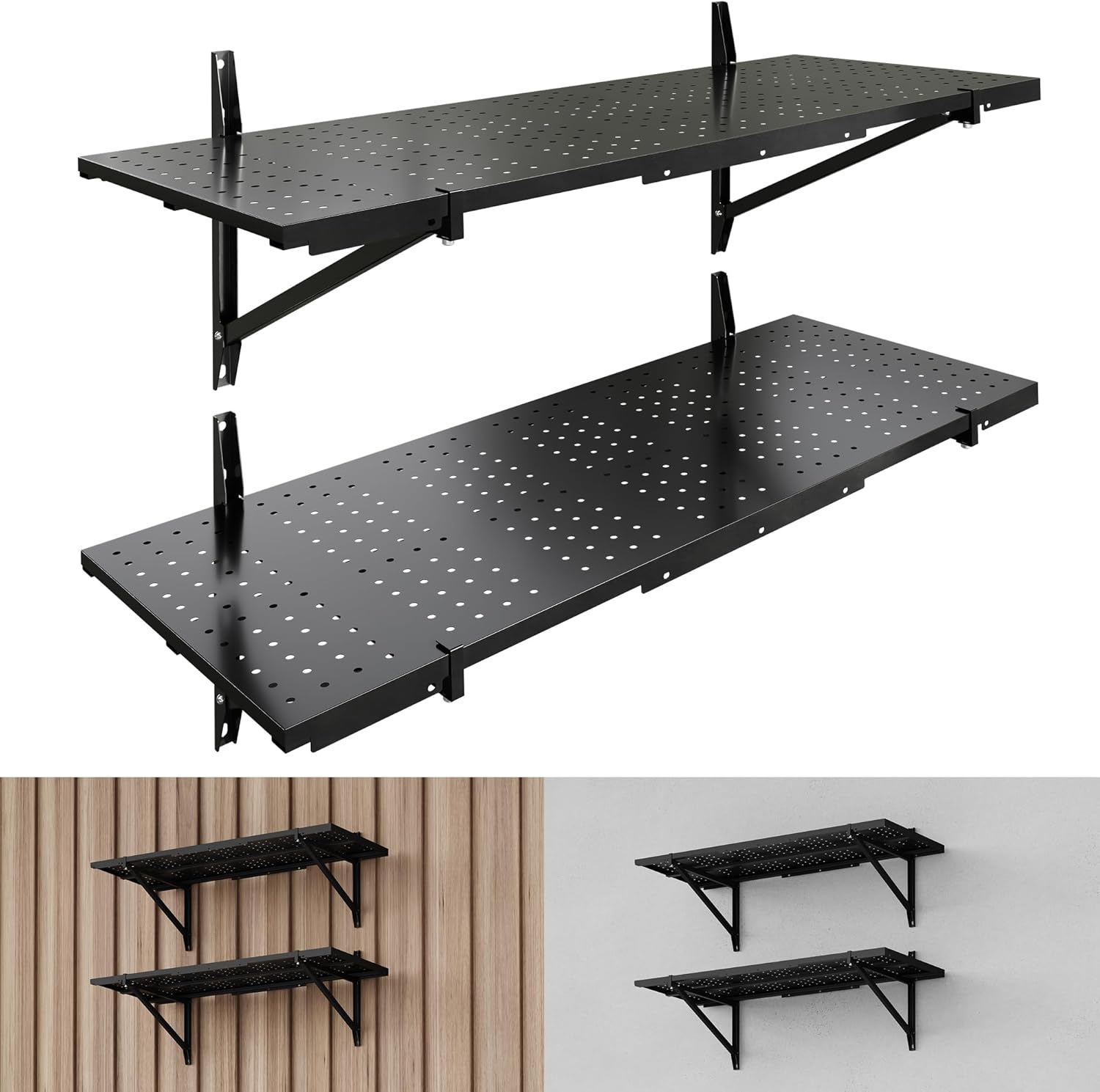 FLEXIMOUNTS 2-Pack 1x3ft Heavy Duty Garage Wall Shelving, Perforated Metal Garage Shelving Wall Mounted, 700 lbs Capacity, Garage Organization System for Tools, Bins & Space Saving