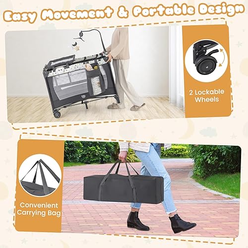Miniatura 7 de BABY JOY 3 en 1 Pack and Play, Corralito Portátil para Bebé con Moisés, Mesa Cambiadora, Ruedas con Seguro, Caja de Música Luminosa, Cuna de Viaje