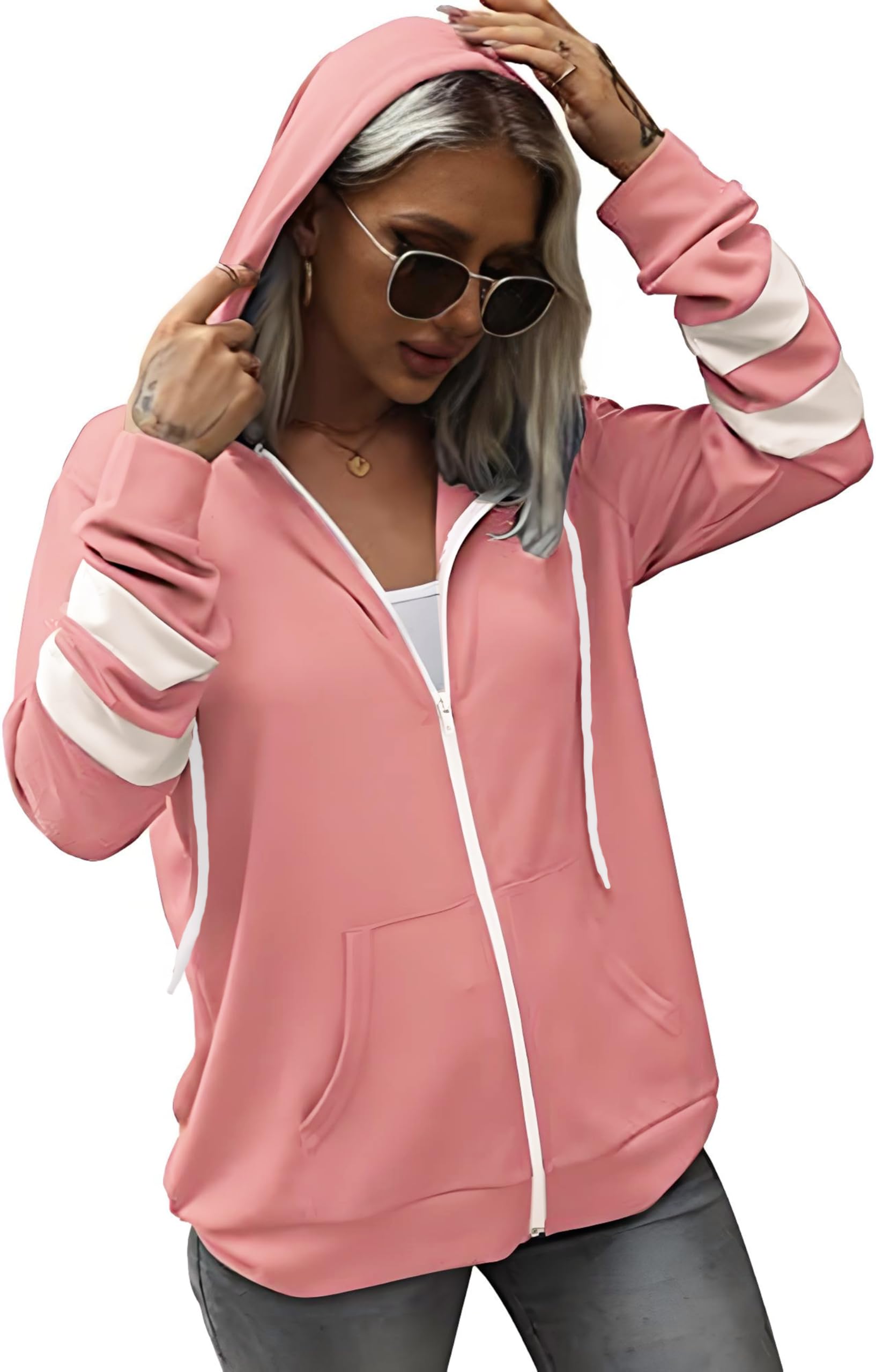 Jhsnjnr Bluza damska z kapturem, z długim rękawem, zamek błyskawiczny, bluza z kapturem, z zamkiem błyskawicznym, bluza sportowa, do biegania