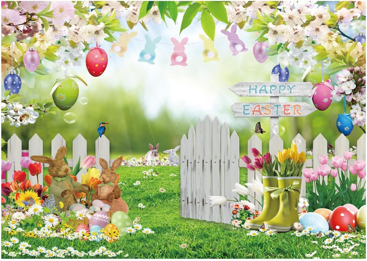 10X8FT Spring Easter Garden Photography Backdrop Easter Backdrops for Photography Green Grass Lawn Pink Floral Fence Background Baby Children Birthday Party Decorations Banner DH-1104