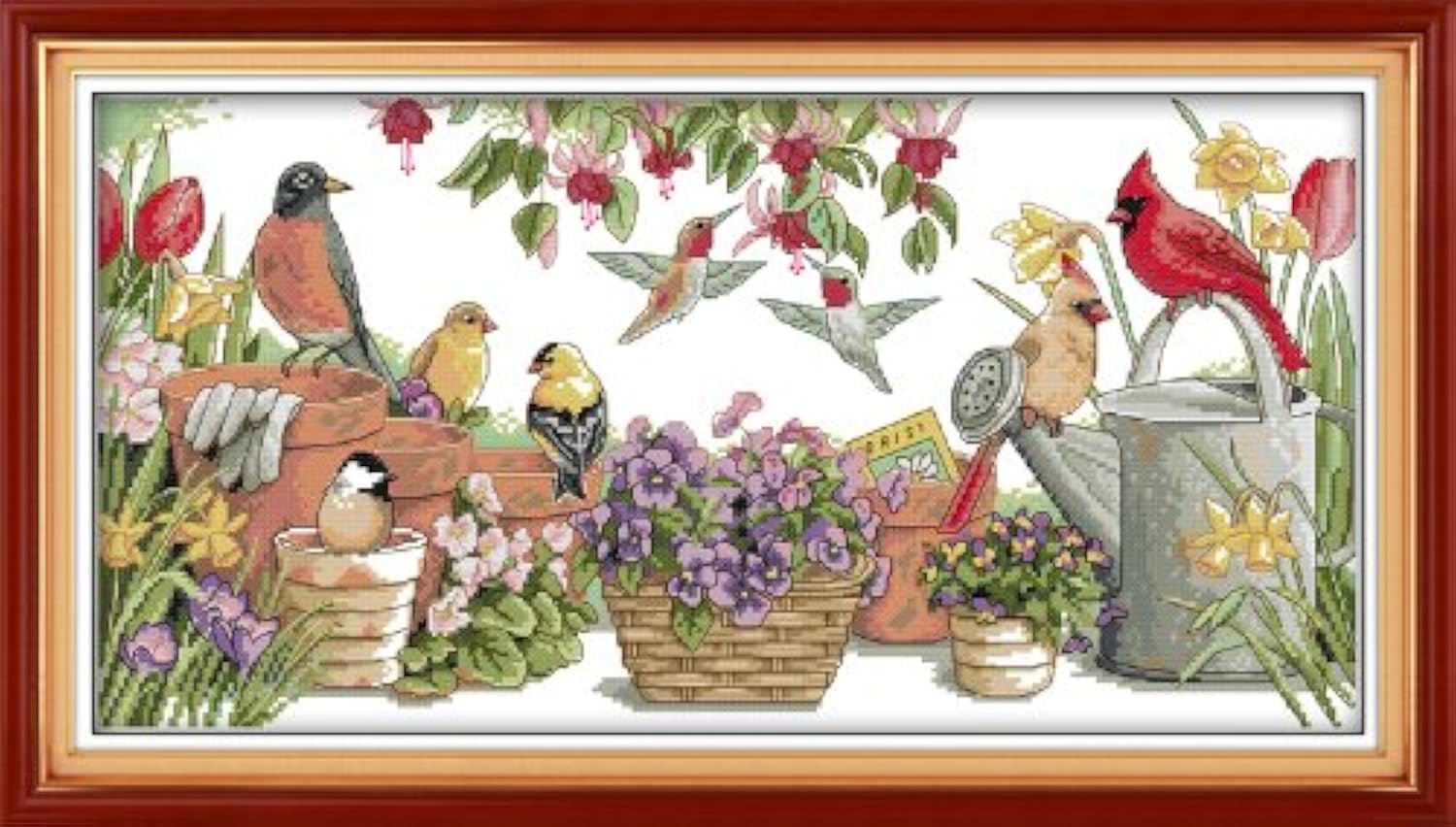 Maydear Cross Stitch Kits for Adults DIY Stamped Cross Stitch Needle Punch Embroidery Kit for Beginner 11CT 3 Strands 27.2×15.4 inches - Birds Gather in Garden