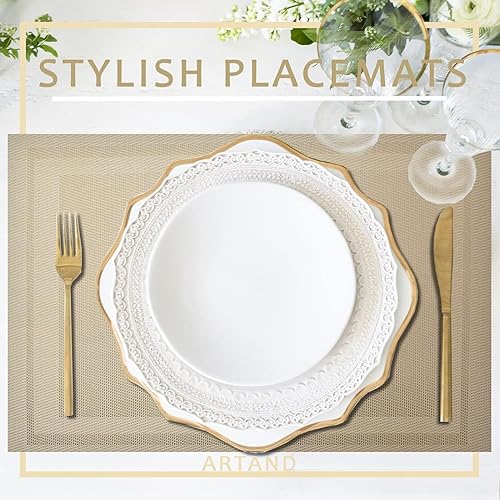 Miniatura 2 de DACHUI Juego de 6 manteles individuales con aspecto de lino, resistentes al agua, resistentes al calor, lavables, duraderos (beige)