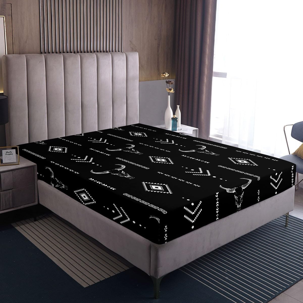 Boho Western Fitted Sheet Bohemian Aztec Bed Sheets Exotic Bull Skull Sheets Full,Rustic Tribal Horns Symbol Mysterious Bed Set for Geometric Abstract Southwest Bedding Set