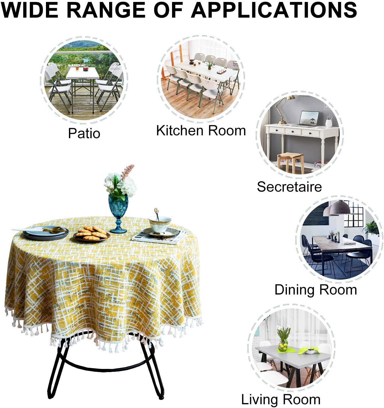 OstepDecor Round Tablecloth, Round Table Cloth, Cotton Linen Tablecloths, Table Cover for Kitchen Dinning Room Party, Round 60 Inch Dia, Yellow