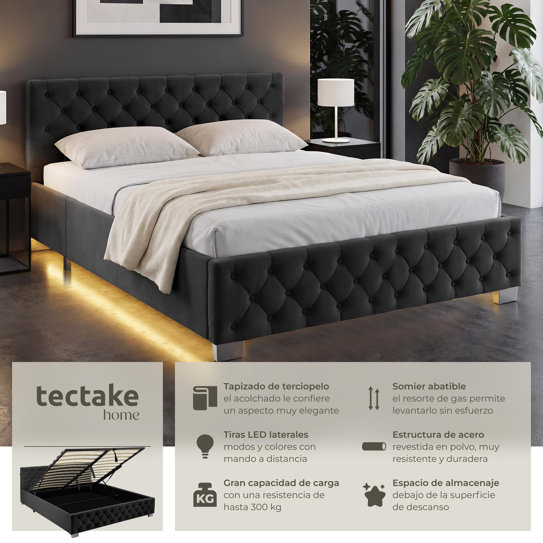 tectake® Cama Tapizada de Terciopelo con Leds, Canape Somier Abatible, Acero Estable, Cama Alta con 300 kg de Capacidad, Mando, Acolchado Chesterfield, Iluminación LED - 217 x 187,5 cm Negro