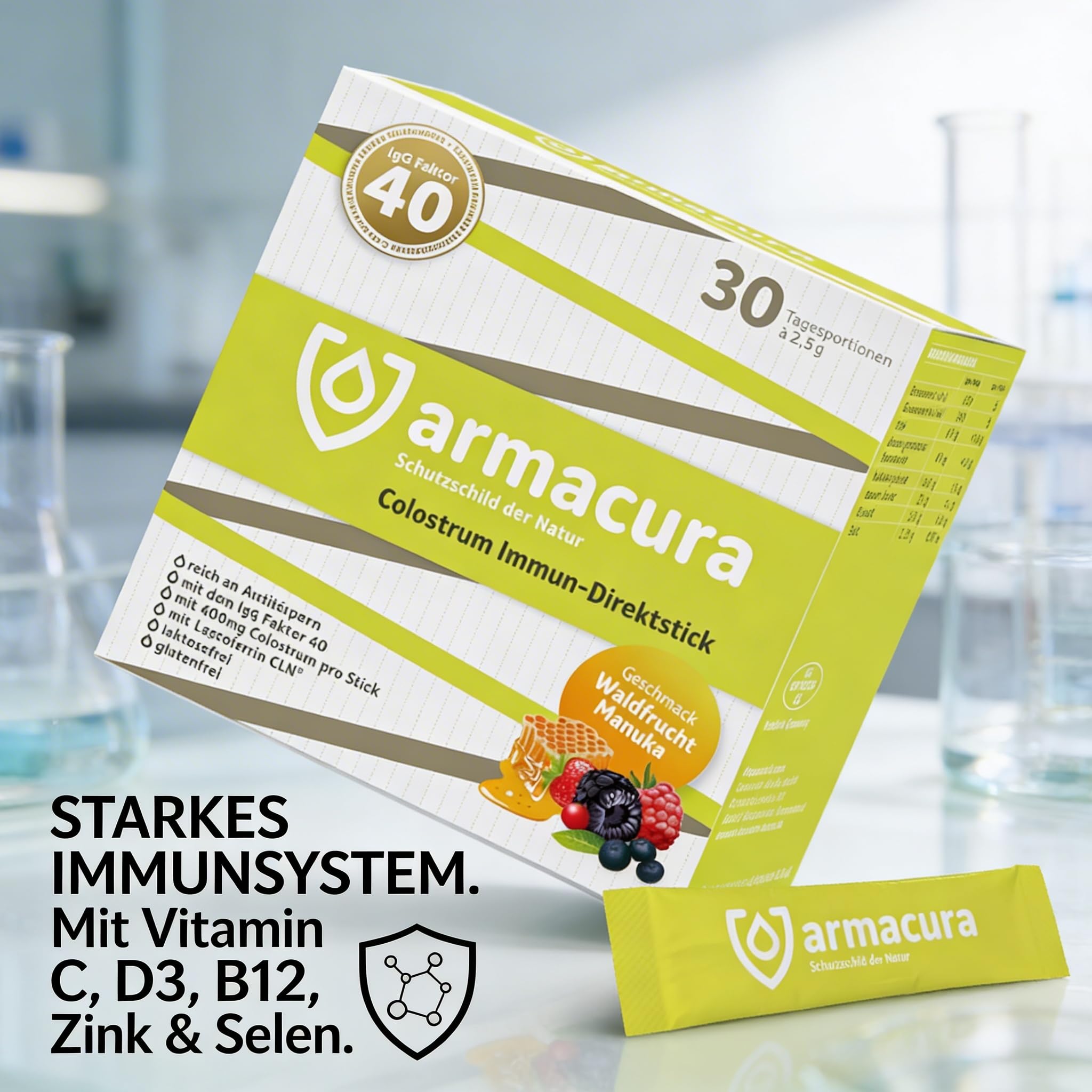 Immun Direktsticks – Mit Vitamin C, Vitamin D & Zink zur Unterstützung der normalen Funktion des Immunsystems¹ – 30 Colostrum-Pulver-Sticks mit Lactoferrin & Manukahonig – Ideal für unterwegs
