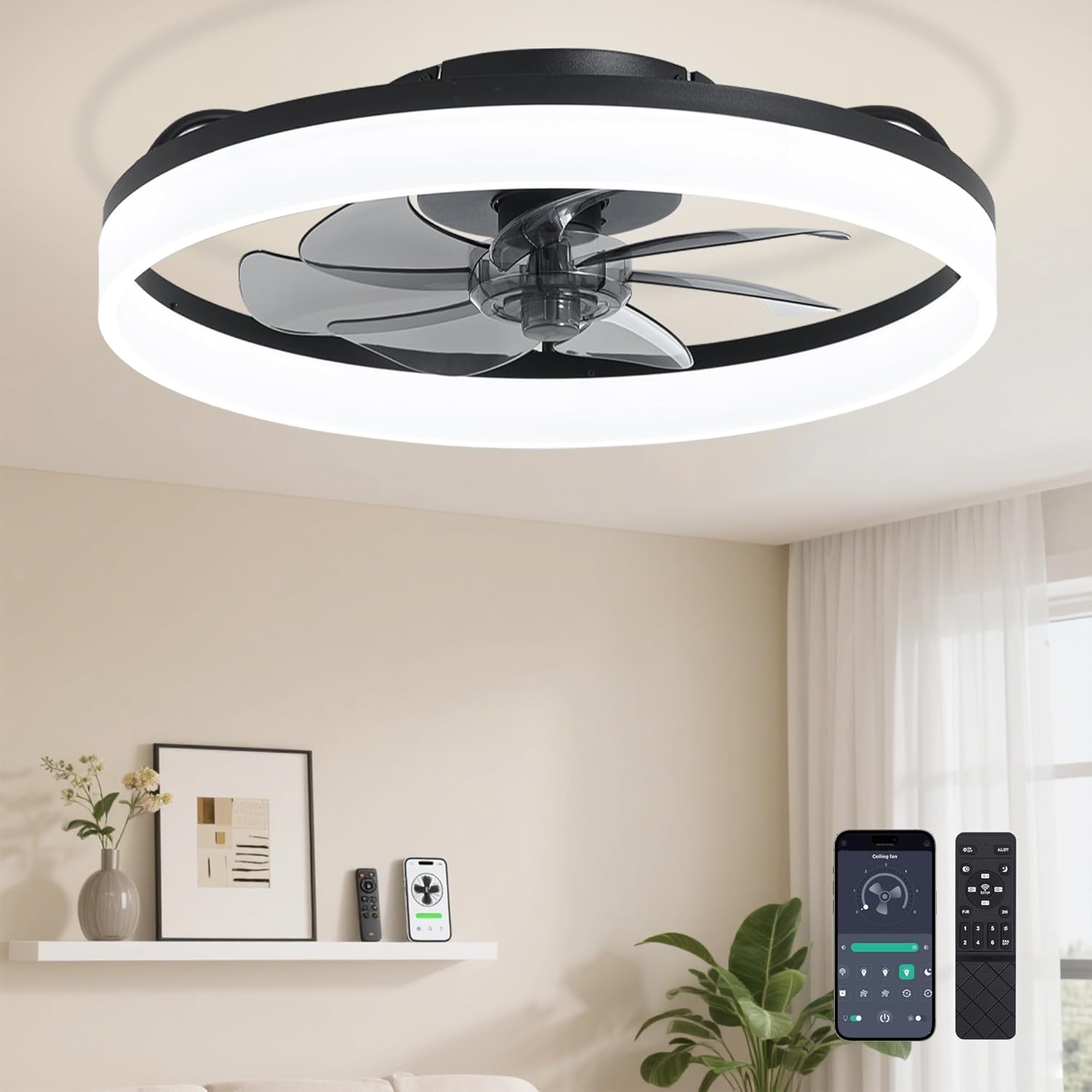 Ceiling Fans with Remote and Lights Fandelier - 20'' Low Profile Flush Mount Modern Black Ceiling Fans for Bedroom - 6 Speeds and Stepless Color Temperature Change