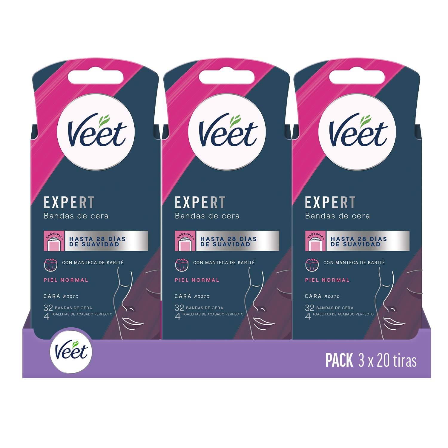 Veet Expert Bandas de Cera Fría Depilatoria para Depilación Facial, Adecuado para Labio Superior (Bigote), con Manteca de Karité, 3x32 tiras