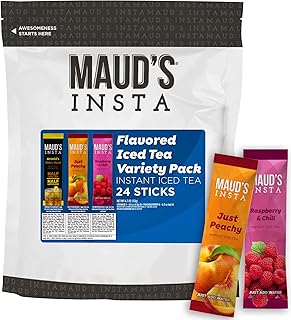 Maud's Instant Iced Tea Variety Pack, 30ct. Solar Energy Produced Single Serve Iced Tea Travel Instant Packs, Instantly Hot or Iced Tea, 100% California Tea Blend; Lemonade Peach & Raspberry Iced Tea