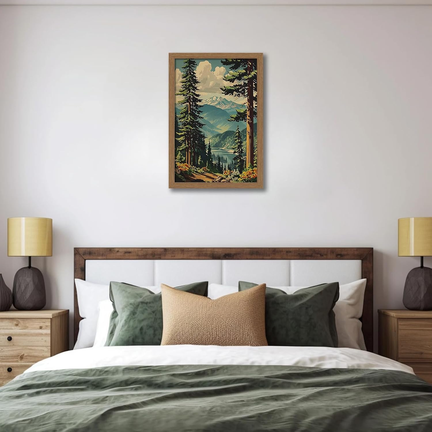 Mountain Forest Wall Art Framed, Nature Landscape Poster Print with Wood Frame, Scenic National Park Wilderness Hiking Artwork, Rustic Picture Wall Decor, 12x16 Inch