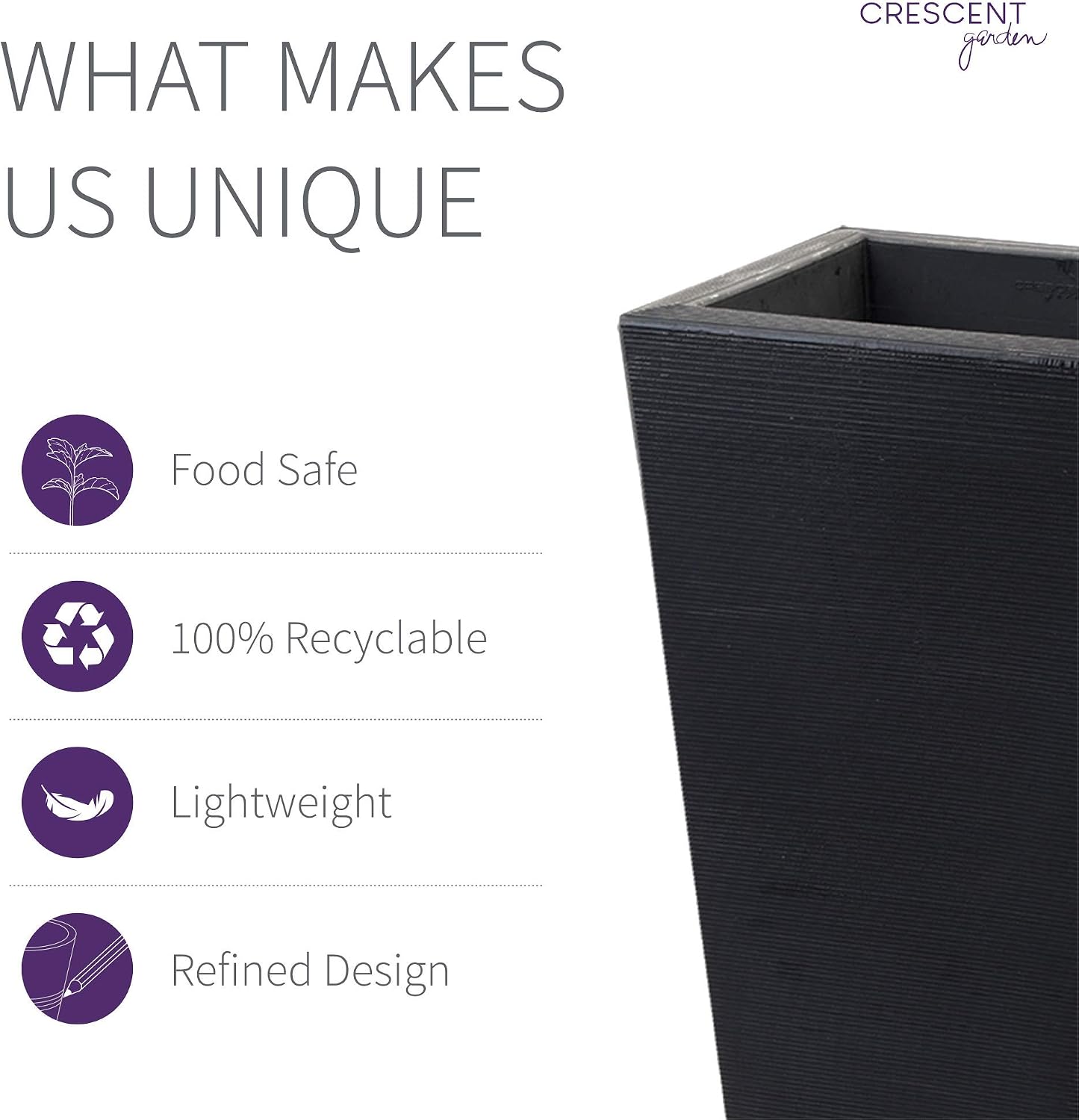 Crescent Garden Bowery Tall Square Planter with Sand Cavity for Stability - Windproof Double-Walled Outdoor HDPE Pot for Garden, Patio, Interior - 17" W x 35" H (Caviar Black)