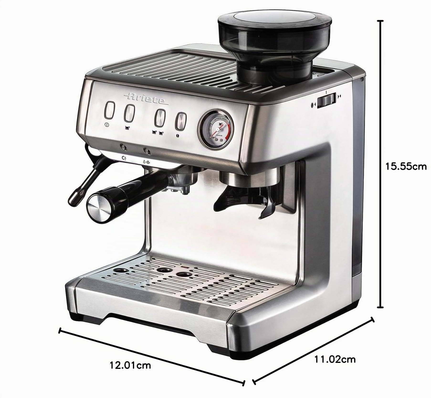 Ariete 1313, Macchina da Caffè con Manometro, Macinacaffè Integrato, Compatibile con Caffè in Polvere e Cialde ESE, 15 Bar Massime, Filtro 1 o 2 Tazze, Lancia per Cappuccino, 1600W, Silver