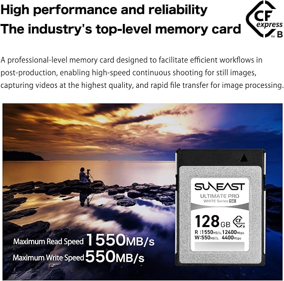 SUNEAST 128GB CFexpress Type B Memory Card for 8K Video | Up to 1550MB/s Read, 550MB/s Write, TLC, 8K Video Support, XQD Compatible, High-Speed CFexpress B for Professional Cameras