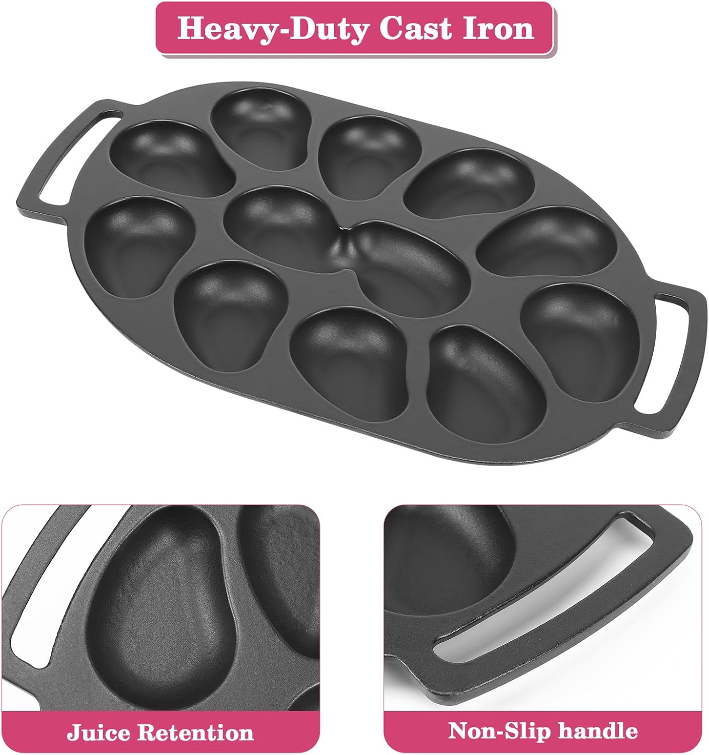 Oyster Grill Pan, Cast Iron Multi-Functional Grill Pan for Oysters and Scallop, Matt Enamel, 12 Cavities, for BBQ Seafood Party Outdoor Cooking