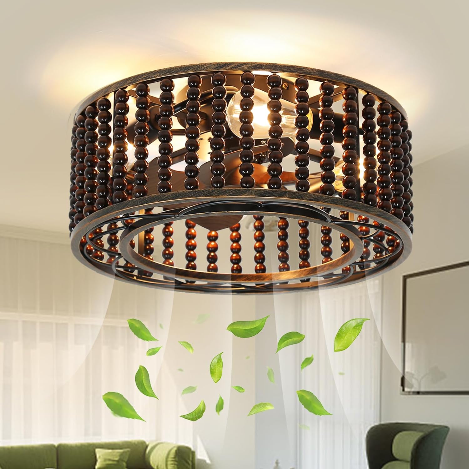 Boho Caged Ceiling Fan with Beads, Reversible DC Motor 6-Speed 18" Flush Mount Low Profile Enclosed Fan for Bedroom Kitchen, Retro Brown