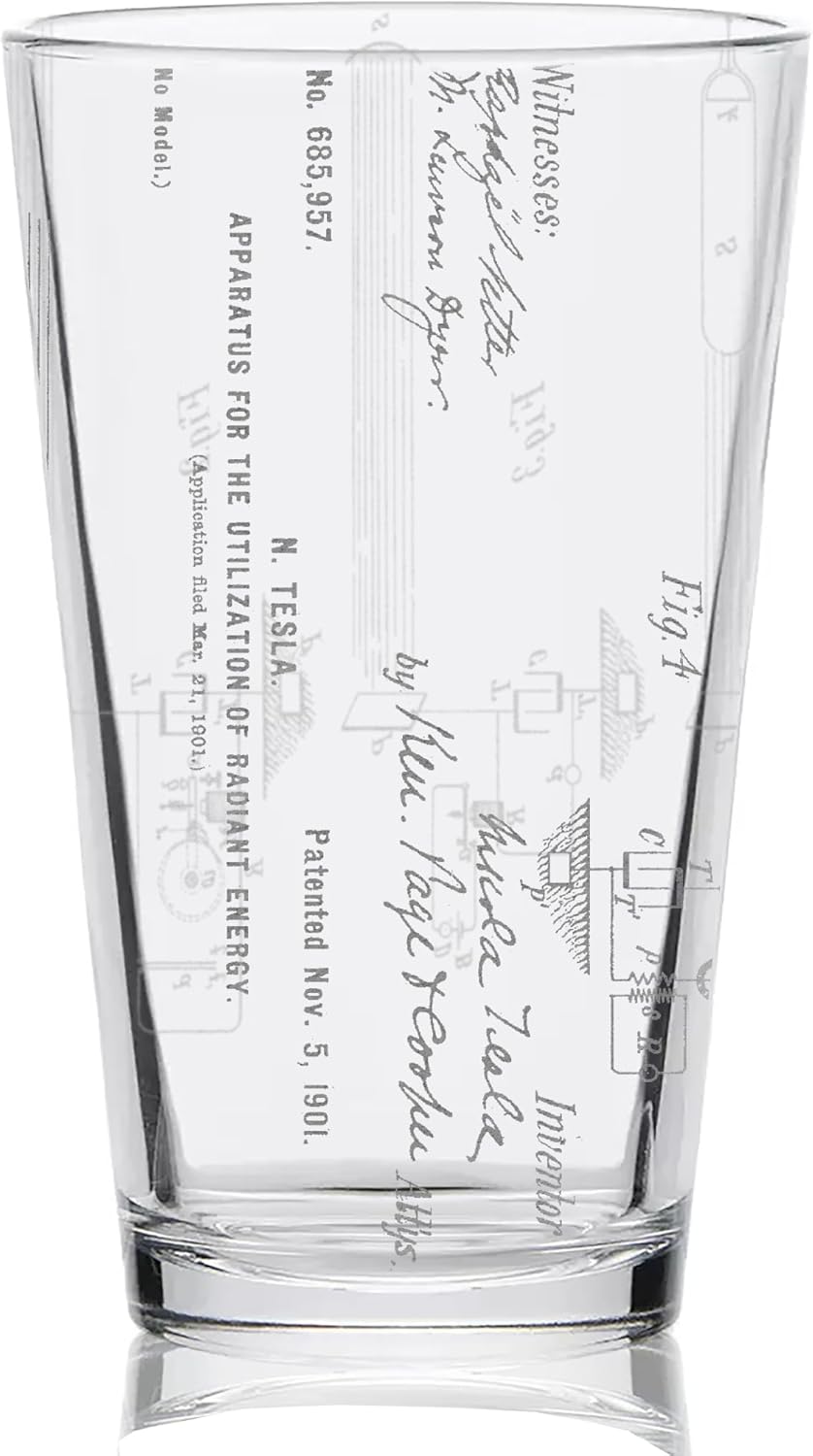NIKOLA-TESLA ELECTRICAL ENERGY TRANSMITTER - 1914 Engraved Beer Pint Glass | Inspired by Historical Inventions Innovations & Machines | Great Collectible Gift Idea & Unique Decor!