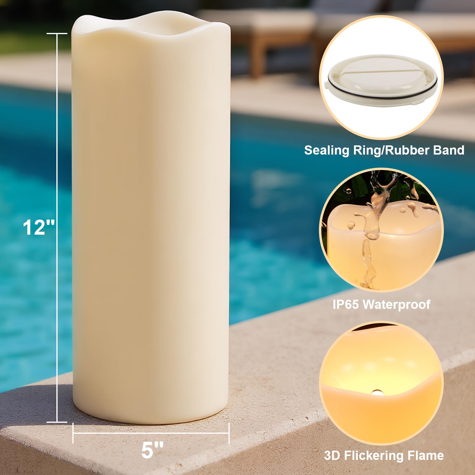 GenSwin Solarkerzen für den Außenbereich, wasserdicht, 30,5 x 12,7 cm, groß, solarbetrieben, wiederaufladbar, flammenlose Kerzen, LED-Stumpenkerze mit Sensor, Timer, Dämmerung bis Morgendämmerung, für