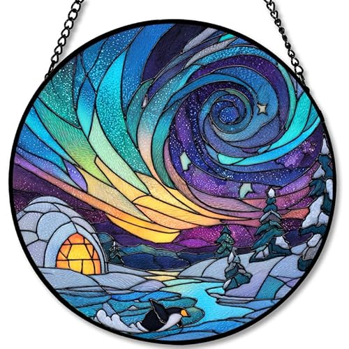 Stained Glass Window Panel with Northern Lights & Penguin