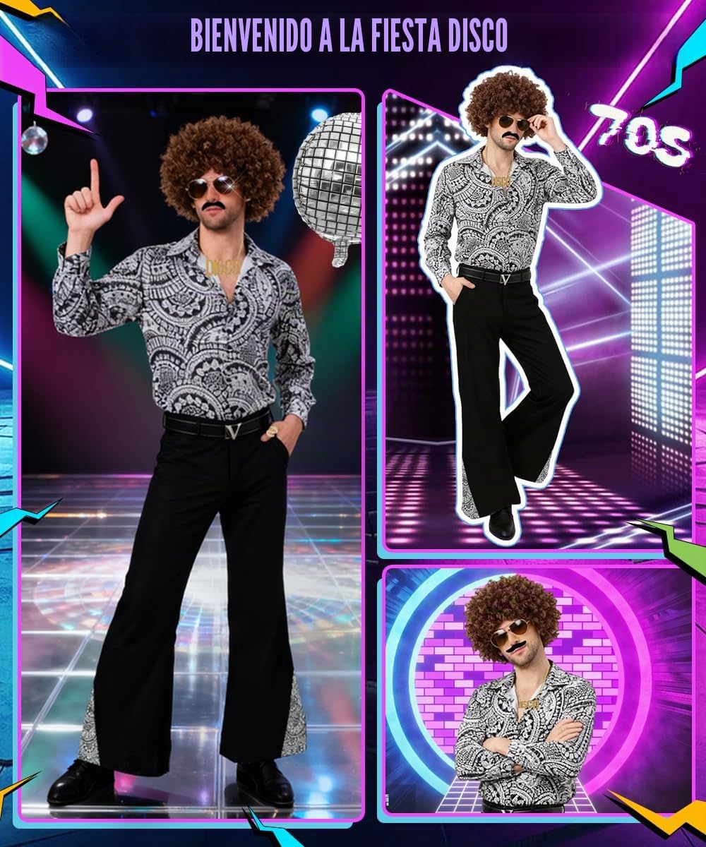 Disfraz Disco Hombre, Disfraz Disco Años 70 con Accesorios Discoteca, Gafas, Collar, Años 70 60 Disfraces para Disfraces Hombre Carnaval Discoteca Fiesta Festival, Cosplay, Halloween