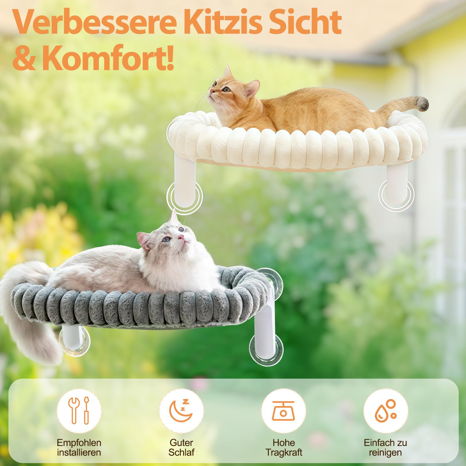 Katzen Fensterliege, Klappbarer Katzenbett Fenster Katzenliege Fensterbank Hängematte mit 4 Saugnäpfen, Abnehmbarem Wendebezug, Weicher Plüsch, Waschbares Bett für große Katzen & Kätzchen (Grau)