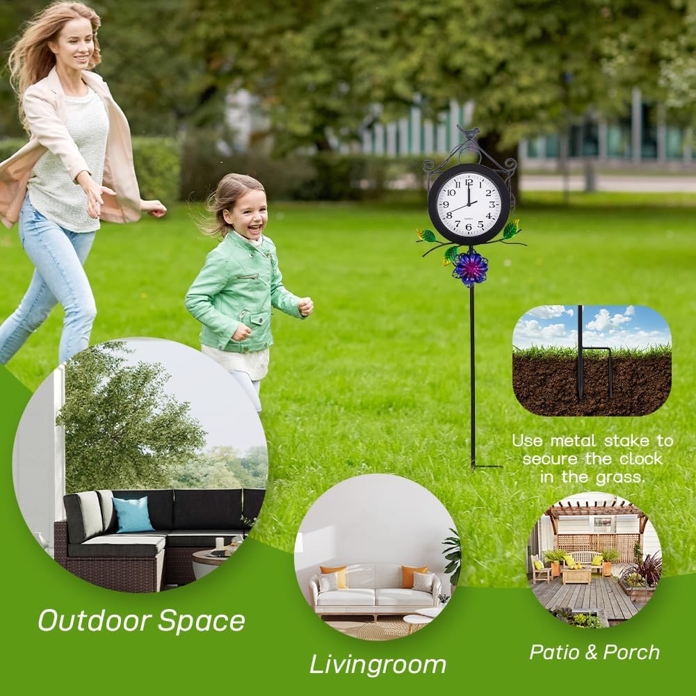 Outdoor Clock with Garden Stake, Flower Birdhouse Outdoor Wall Clock Waterproof, Silent No-Ticking Outdoor Clocks for Garden, Patio, Yard, Fence
