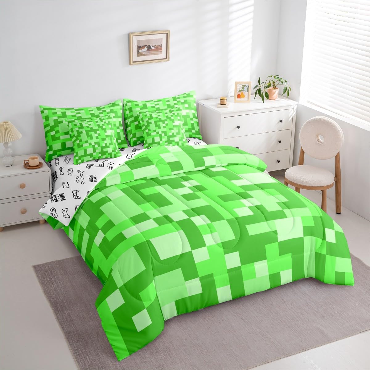 Pixelated Miners Game Full Size Comforter,Video Games Gamepad Gaming Bedding Set 7 Piece,Modern Geometric Square Decor for Boys Girls,Light Green(Fitted+Sheet+2 Pillowcases+2 Throw Pillow Covers) image 5