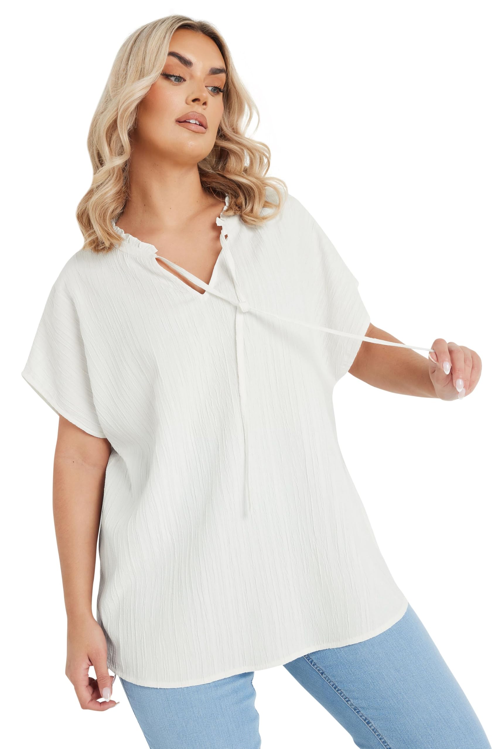 Yours Curve Textured Frill Neck Top - Womens - Plus Size Curve Cream