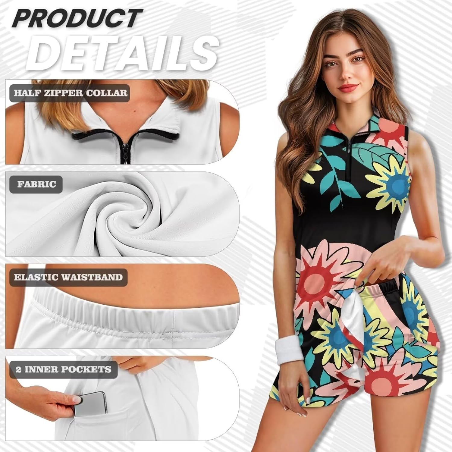 Women's Sleeveless Golf Dress Zip Up Tennis Workout Dresses with Built in Shorts Quick Dry Moisture Wicking Dress