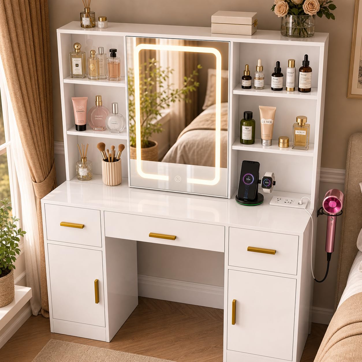 knoworld White Dressing Table with LED Mirror and Power Outlet, 110cm Vanity Desk with Drawers, Sliding Mirror, Storage Shelves, Hair Dryer Holder, Makeup Table for Bedroom