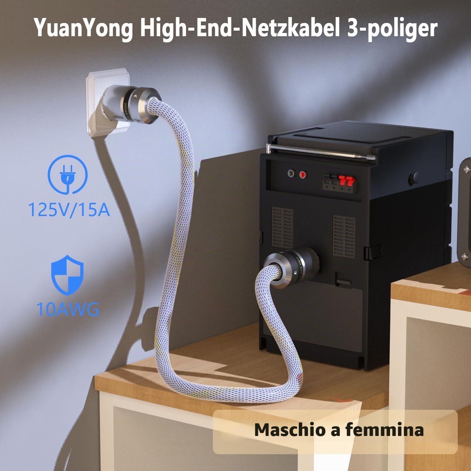 Audiophile - Cavo di alimentazione HiFi 10 AWG, cavo di alimentazione HiFi 125 V/15 A, IEC320-C15, spina femmina per altoparlanti, subwoofer, giradischi, amplificatore (1 M/3,3 piedi)