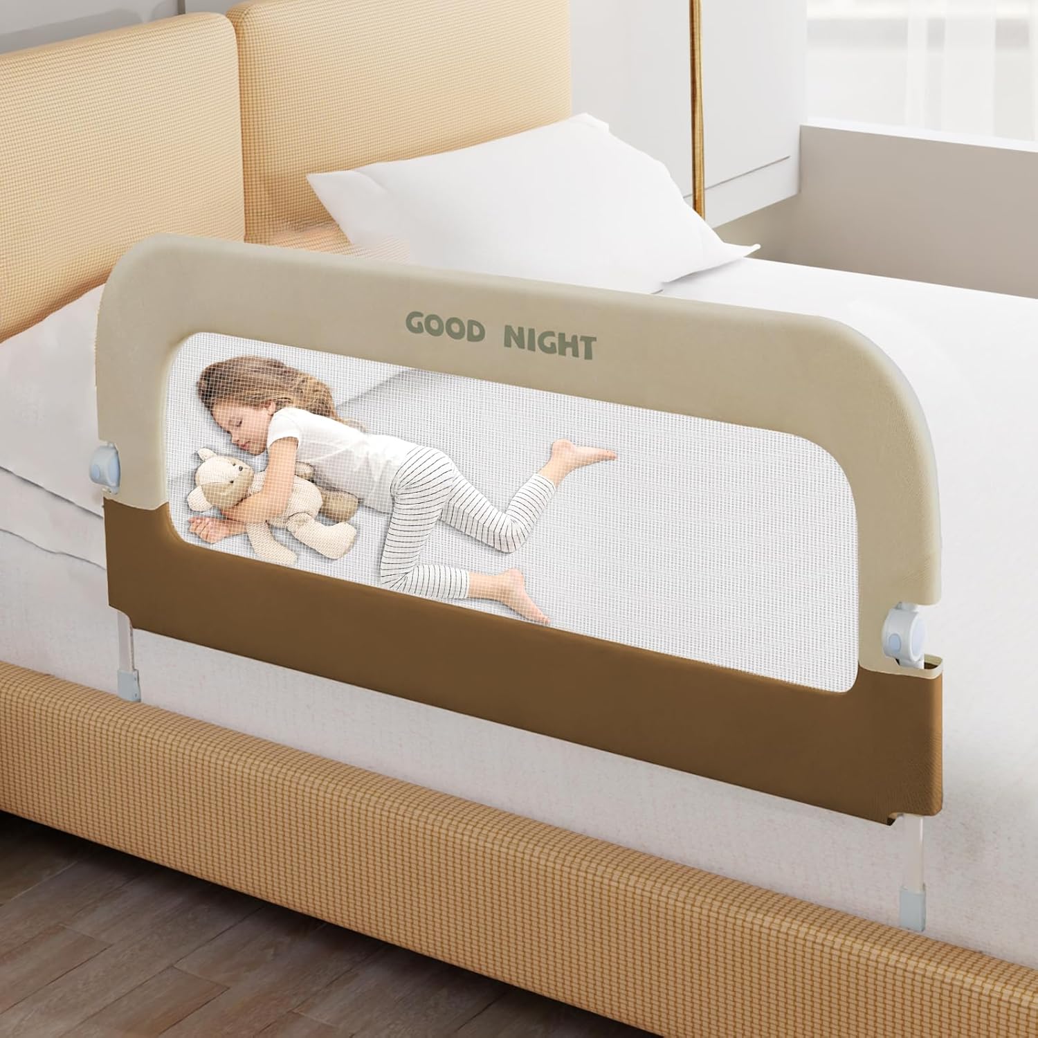 Bed Guard Rail for Toddlers - 32" Adjustable Heights & Folding up Portable Bed Railing for Baby - Toddler Bed Rails Guard for Crib, Twin, Bunk,Full Size, Queen & King Bed Beige With Khaki 32 inches