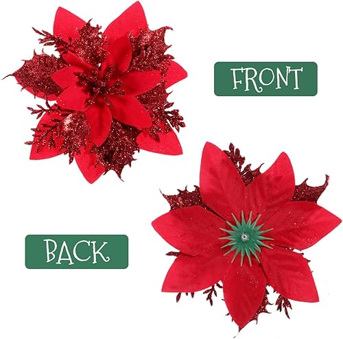 Miniatura 3 de Kisangel 12 flores artificiales de Navidad con purpurina para corona de Navidad, adornos de árbol de Navidad con 12 tallos y clips (rojo)