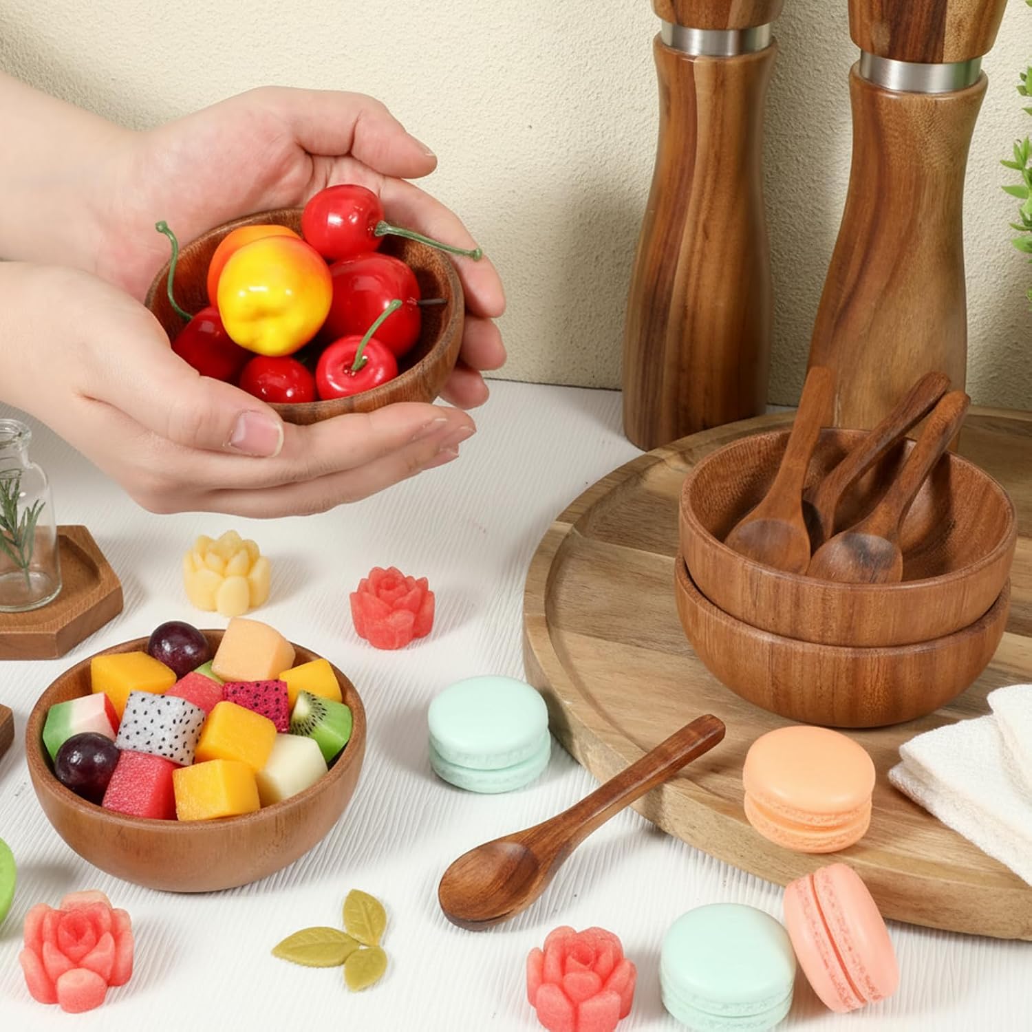 4 Pack Acacia Wooden Bowl with 4 Pcs Spoon 2.5 oz Wooden Dipping Bowls Round Wood Salad Hand Carved Calabash Dip Tray for Condiments, Jam, Nuts, Appetizer, Snack, Yogurt, Ketchup, Barbecue (3.9 Inch)