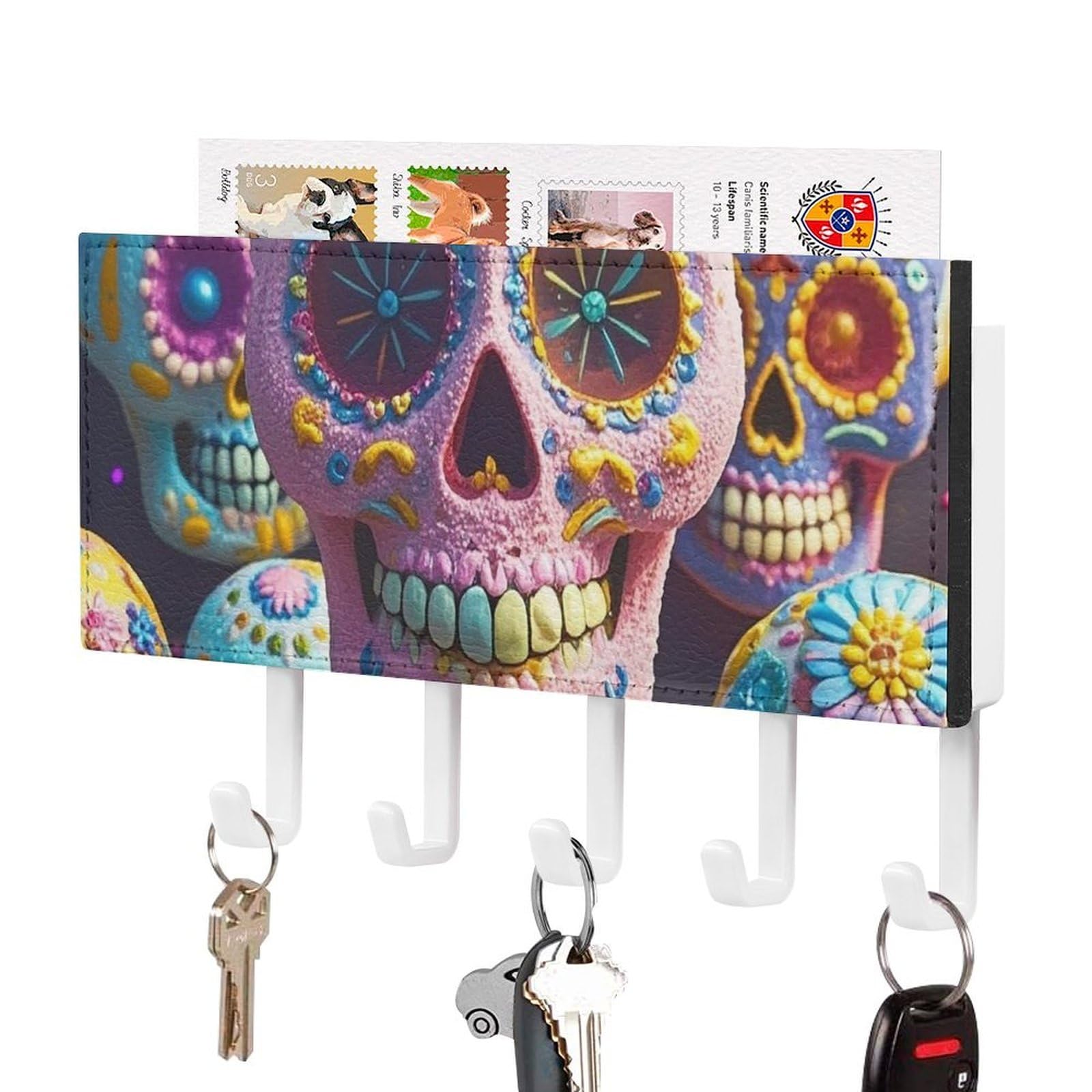 Fekiloot White-Style Sugar Skull Key Holder Wall Mount Key Hanger With 5 Hooks Decorative Key Rack Hanging Key Hooks With Mail Organizer Key Holder For Wall Living Room Kitchen Bathroom Hallway White