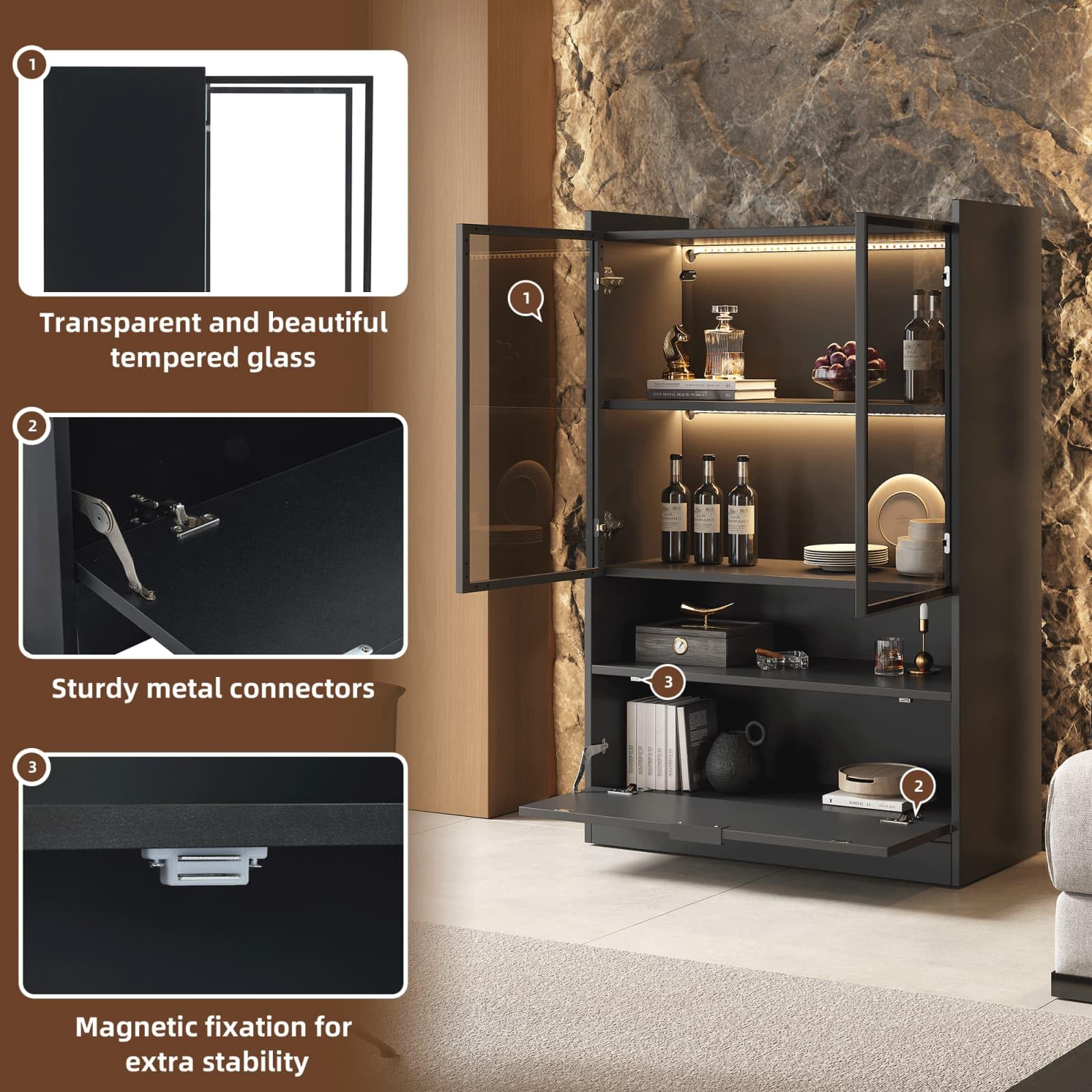 KOMHTOM Vitrine Moderne avec Lumière LED et Dispositif Anti-Bascule, Vitrine Salon avec Portes Vitrées et Porte Abattante, Meuble de Rangement Salon (C)