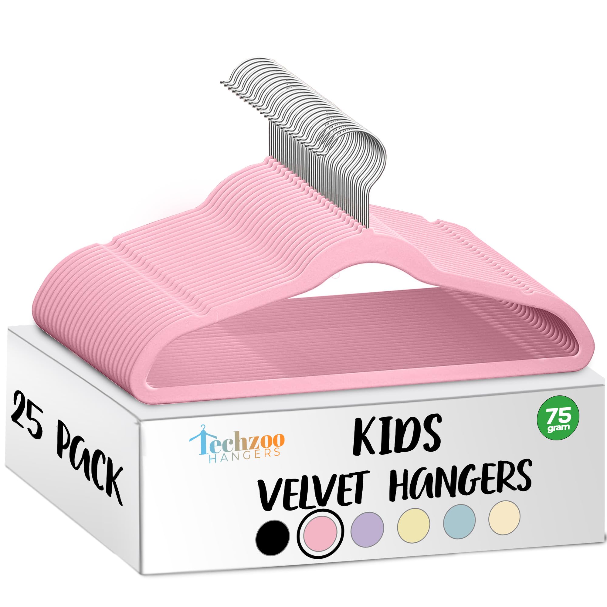 TechZoo 25 Premium Kids Velvet Hangers - 14" Non-Slip Clothes Hangers for Kids &amp; Preteens - Ultra Slim, Space-Saving, Strong &amp; Durable Hangers with 360° Swivel Hook - Pink