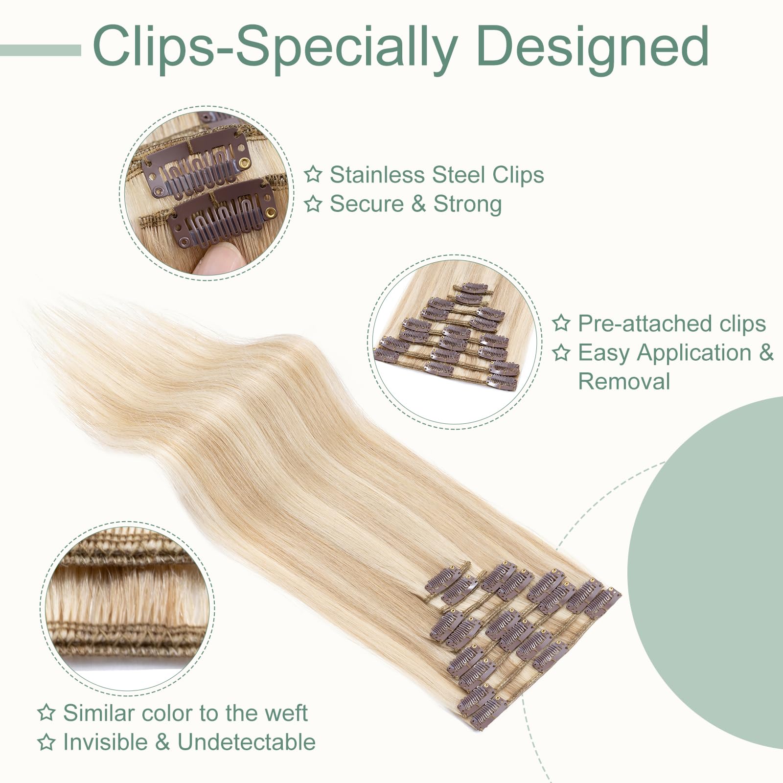 Clip in Hair Extensions #18/613 Ash Blonde mix Bleach Blonde Real Hair Extensions Clip in Human Hair Straight Remy Human Hair Seamless 8pcs 12 Inch 55g Thin Hair - Image 3