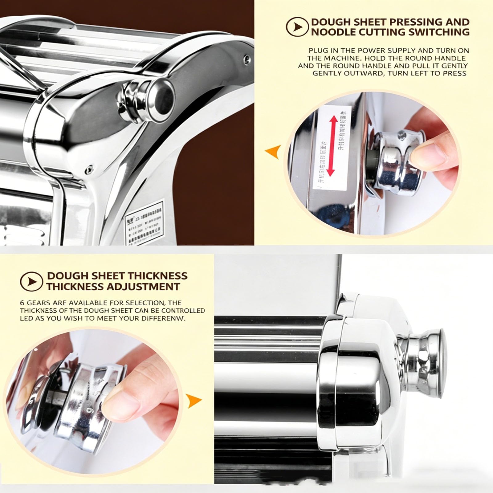 Machine à Pâtes Électrique 135 W, en Acier Inoxydable 430, avec 6 Épaisseurs Réglables, pour Spaghettis, Fettuccine, Lasagnes et Pâtes à Raviolis