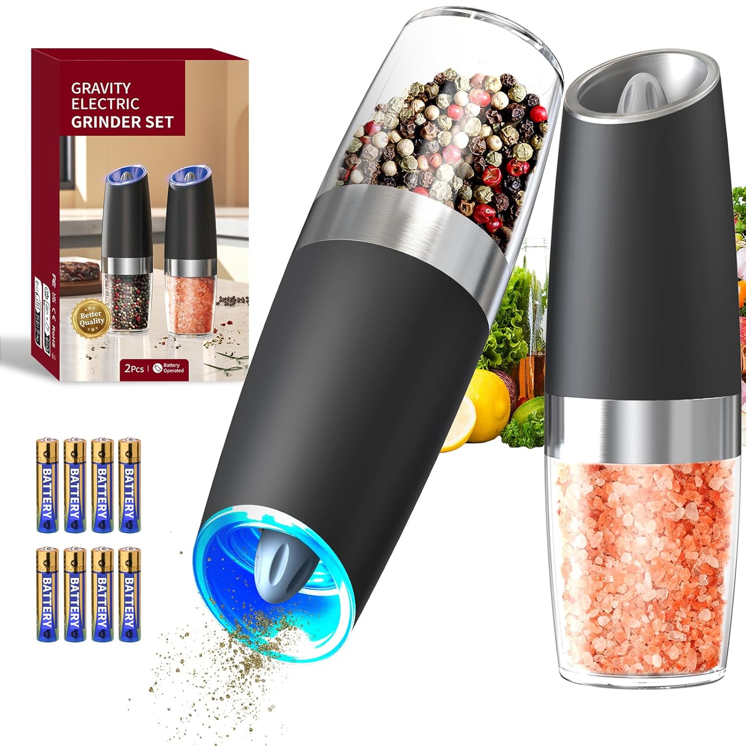 CIRCLE JOY Gravity Electric Salt and Pepper Grinder Set Automatic Salt and Pepper Grinder Set with LED Light, Battery Operated, Adjustable Coarseness, Large Capacity, for Home Kitchen BBQ image 1