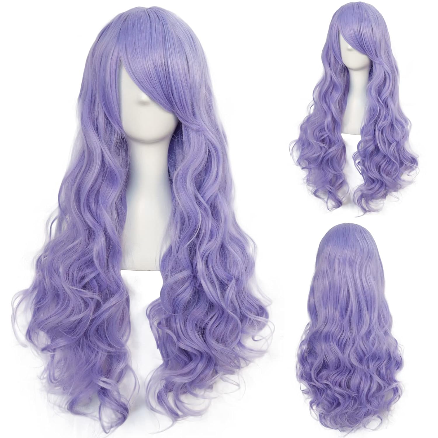 Anogol Hair Cap+80Cm/32Inch long purple wig purple curly