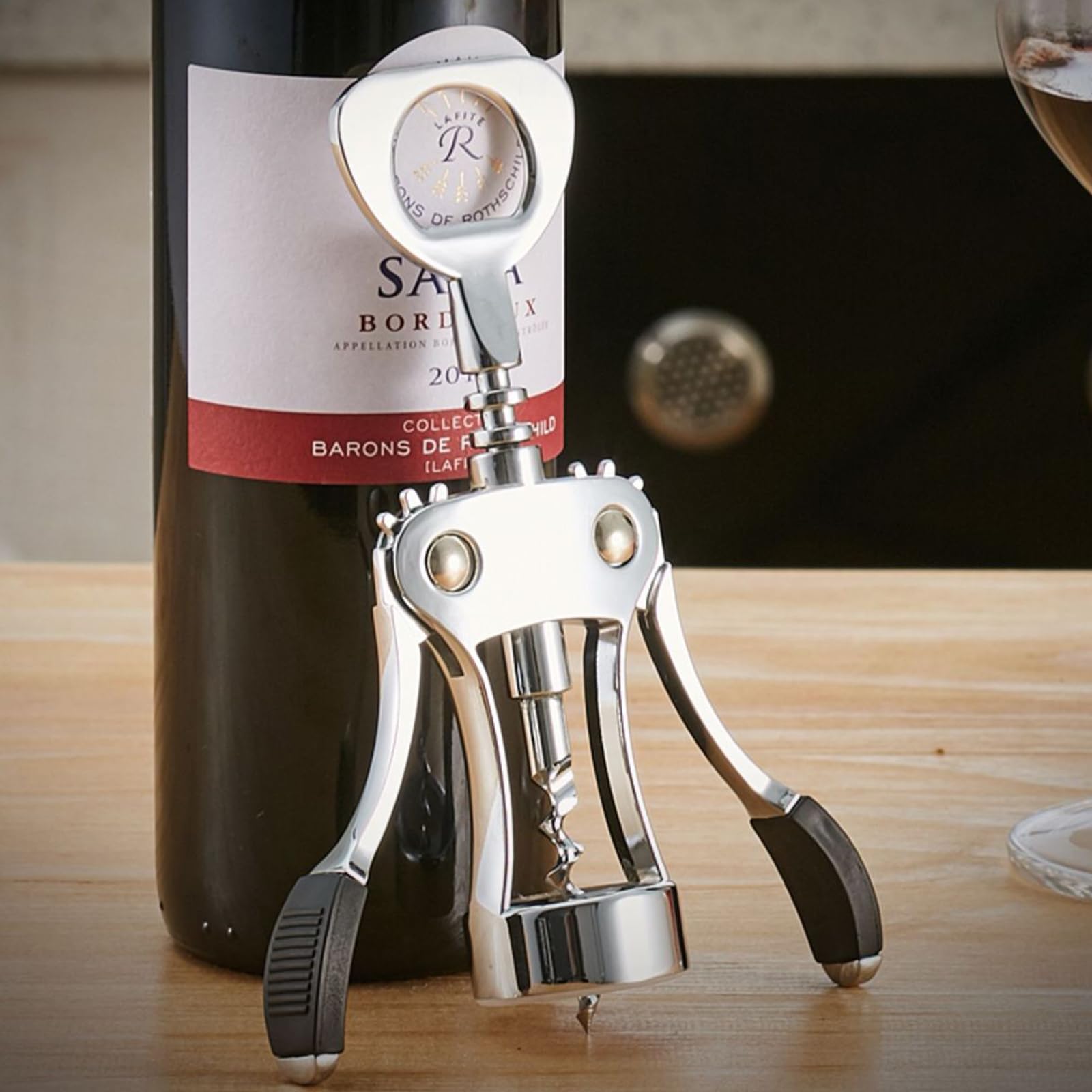 Sacacorchos de vino de aleación de zinc, abrebotellas premium con alas plateado