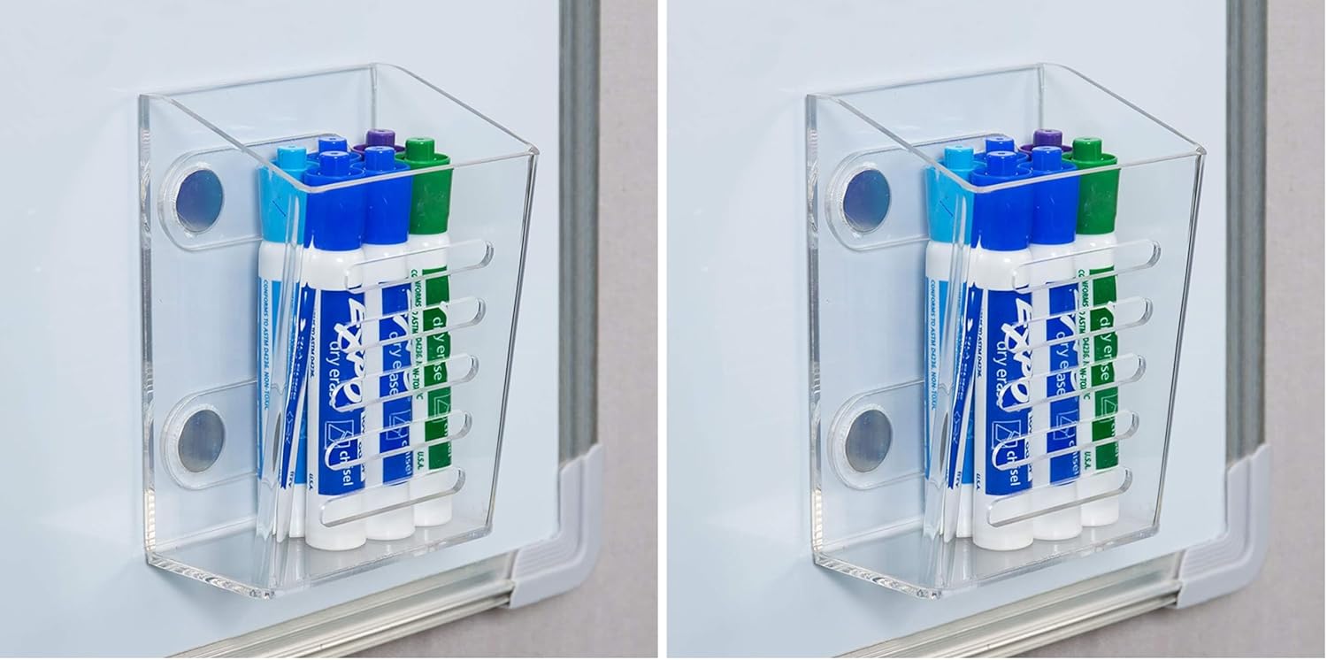 MyGift Premium Clear Acrylic Magnetic Mounted Dry Erase Marker Holder Basket Whiteboard Accessories Office Supplies Storage Organizer Bin (Pack of 2)