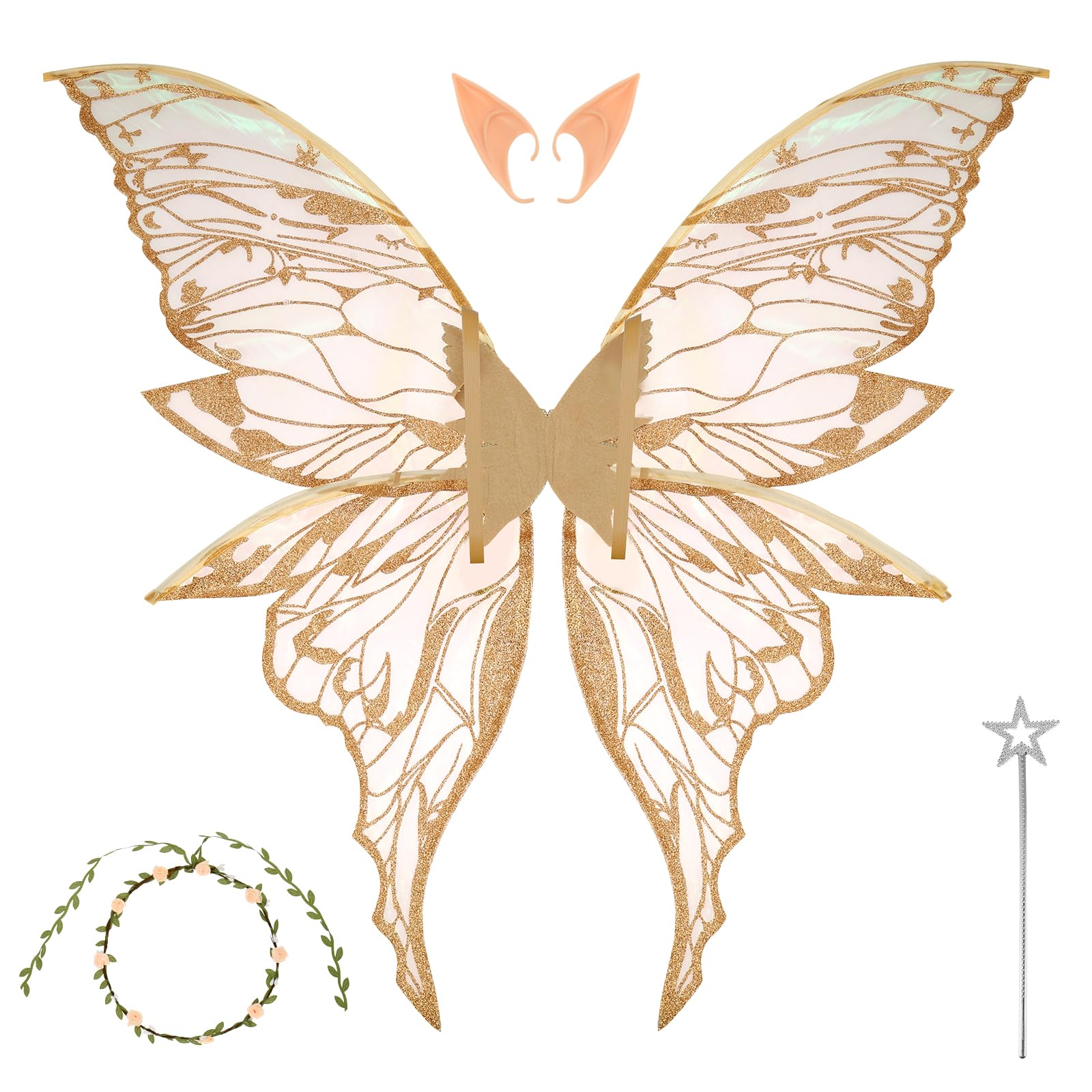 Gatphy Women's Gold Fairy Wings For Adults Children Girls, 4Pcs Wings Fairy Costume Set With Wands, Headband & Elf Ears Adjustable Strap Halloween Costume Sparkle Angel Wing Dress Up Party Favor(Gold)