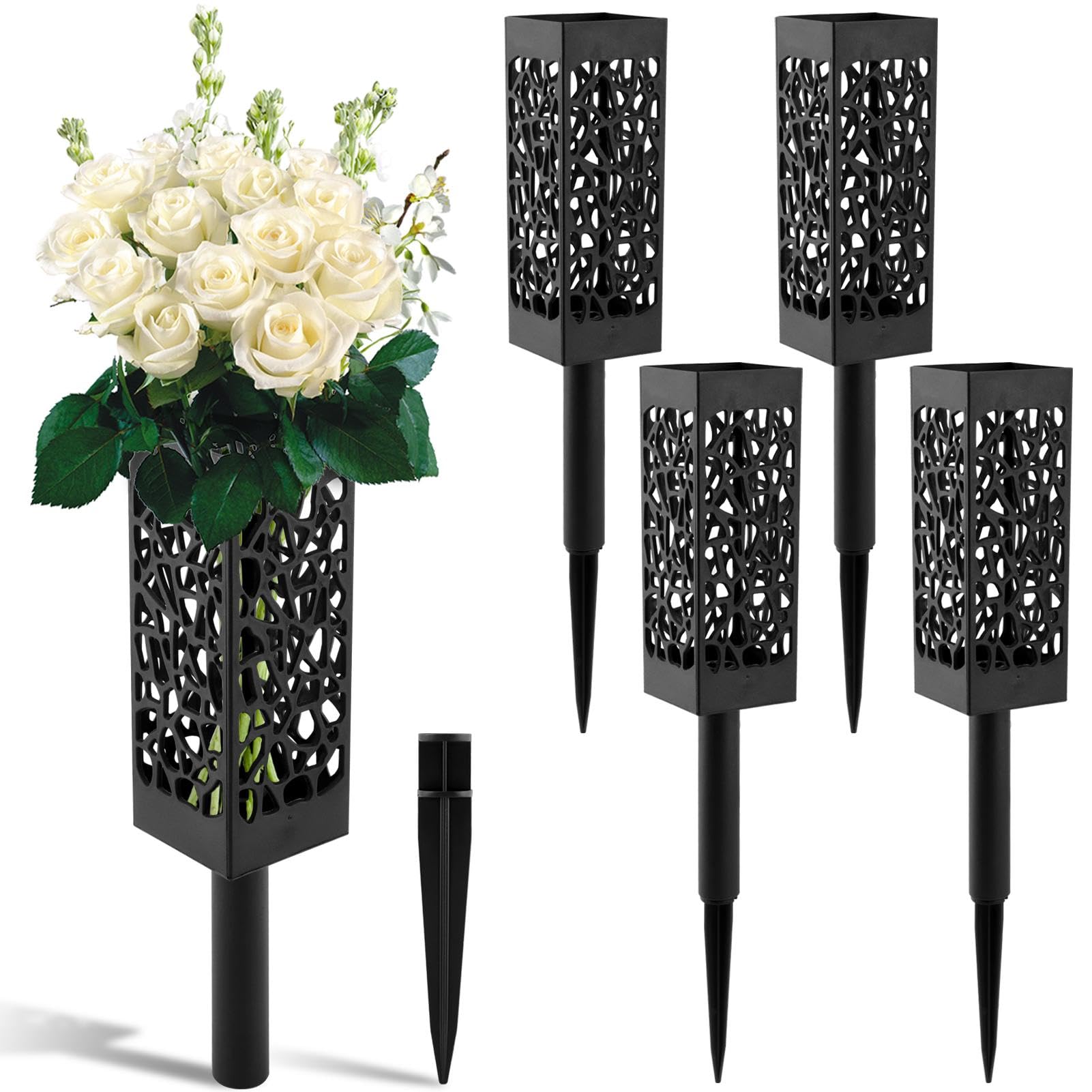 Cemetery Vase for Grave with Stake, Durable Plastic Grave Vases Flower Holder, Outdoor Tombstone Markers Memorials Sympathy for Graveyard Headstone Flower Marker(Size:4pcs)