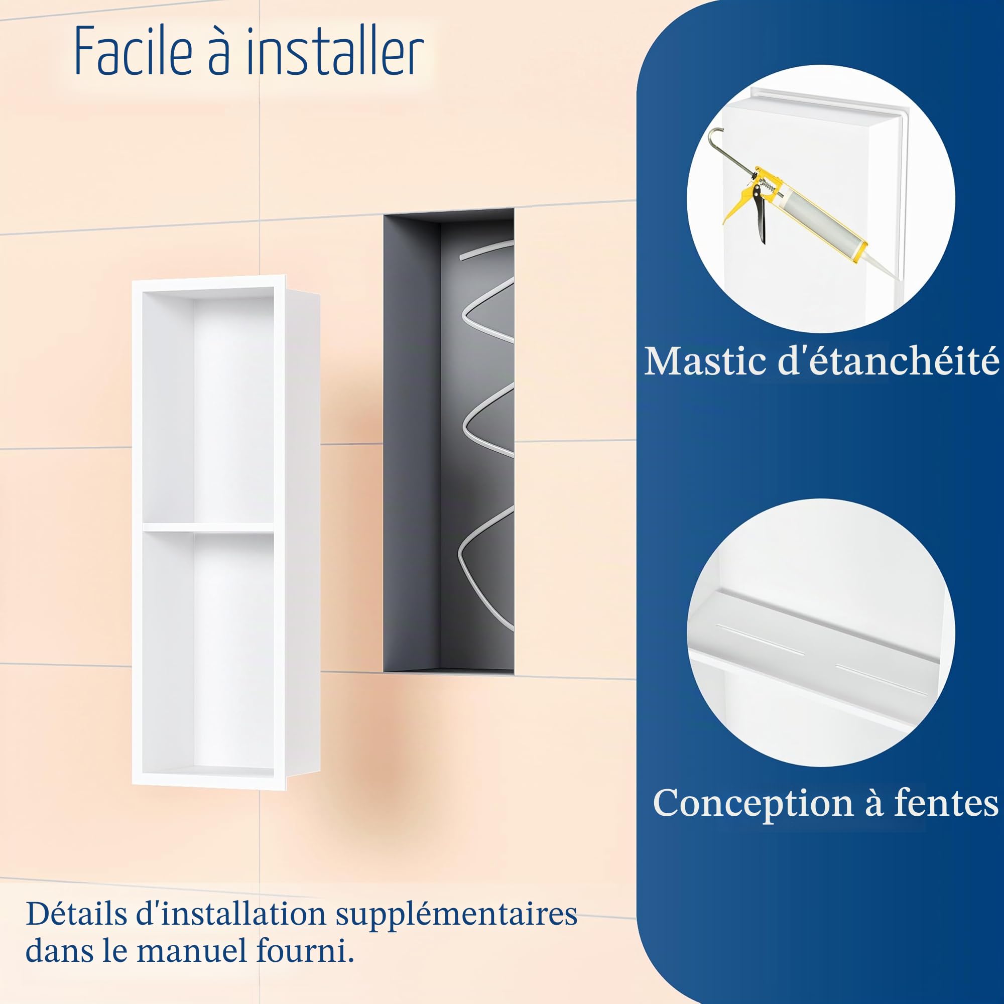 Qeke Niche de douche inox 304 avec cadre, 2 niveaux, 20cm, Blanc | étagère encastrée, antirouille, étanche, facile à nettoyer, drainage efficace, plusieurs tailles, rangement salle de bain