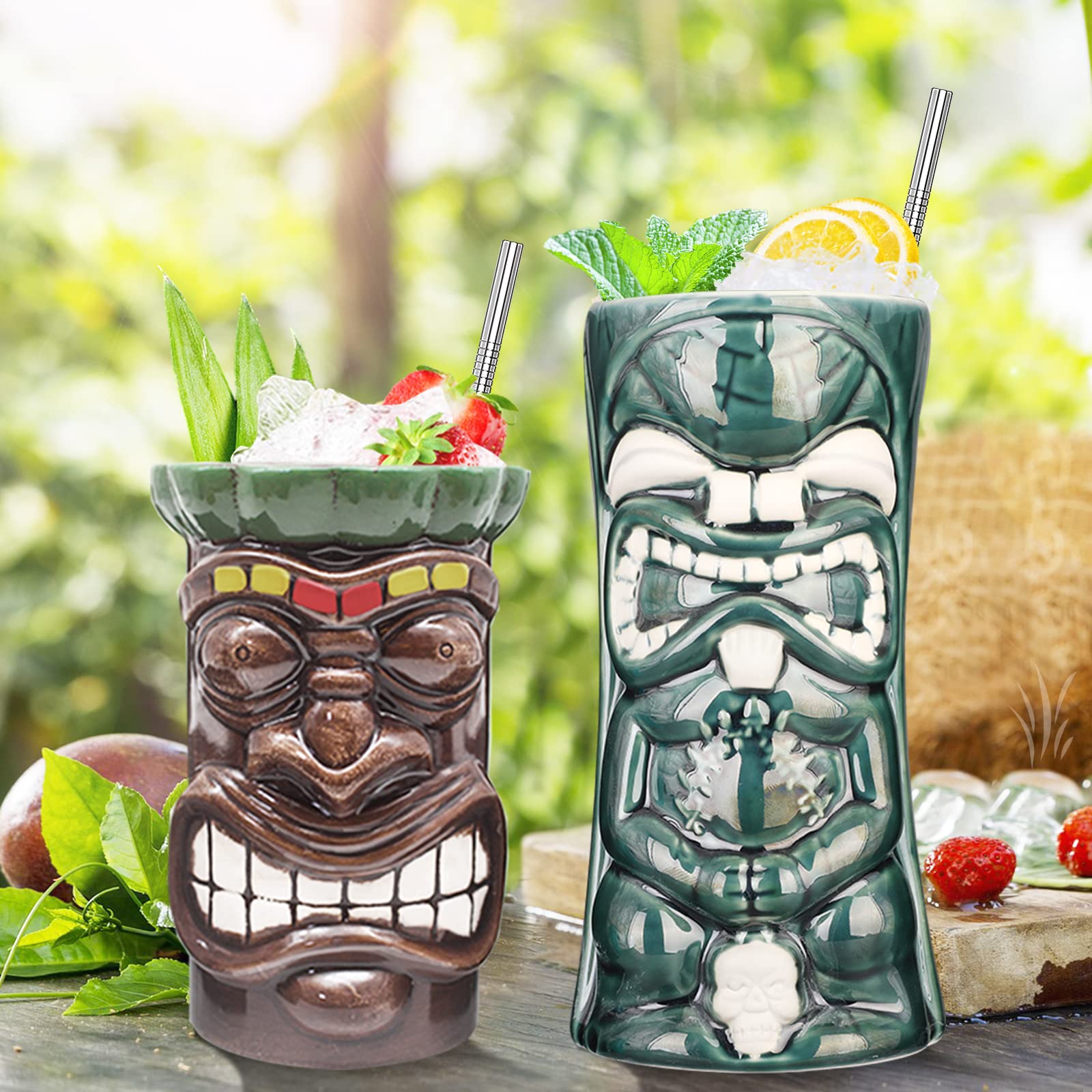 Lot de 4 grands verres Tiki en céramique pour cocktails tropicaux hawaïens et exotiques mignons