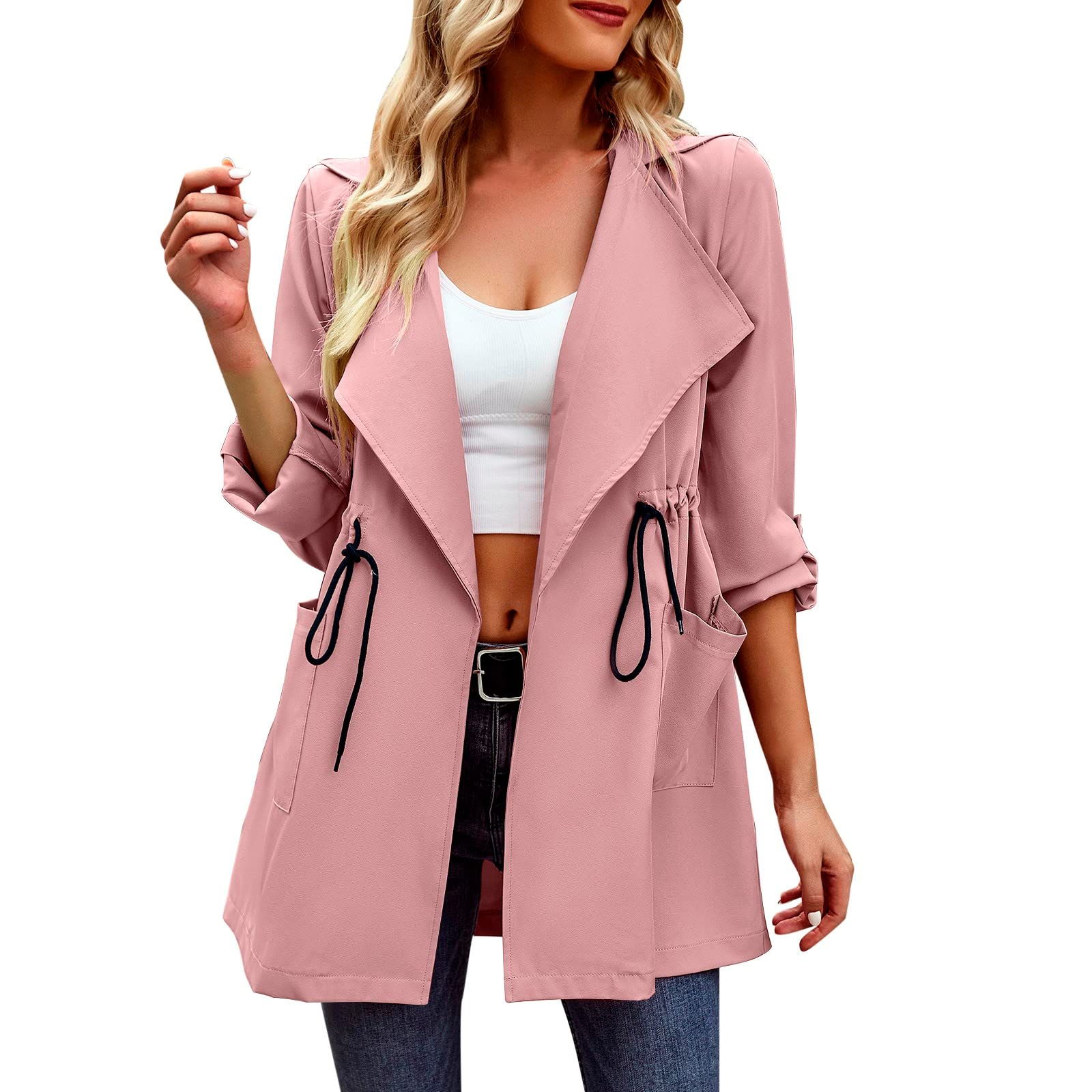 Generisch Giacca invernale da donna con coulisse, stile classico, scollo a V, cappotto sottile con trench senza cappuccio